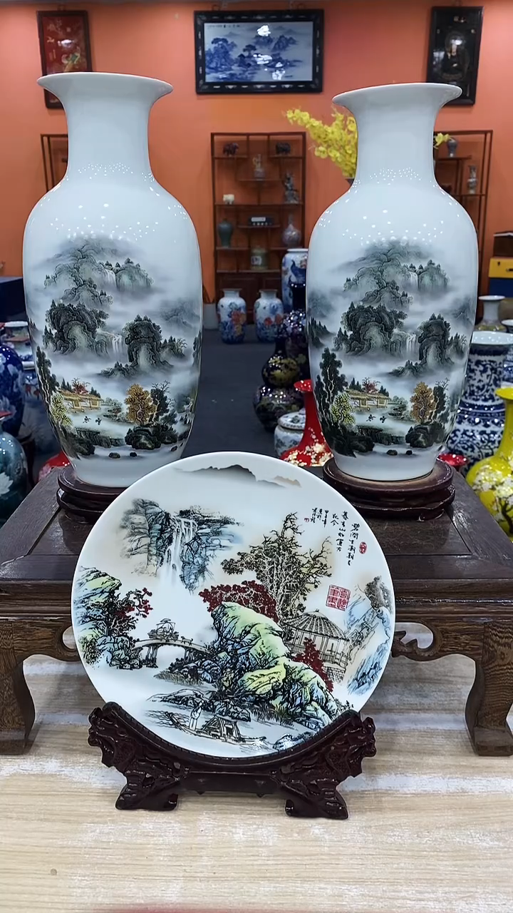 摆件2个深谷幽隐冬瓜瓶+1个碧涧盘+龙头架+旋转底座