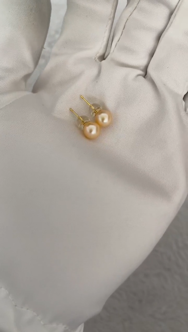 银S925镶嵌海水珍珠耳饰AK羽皇金素钉6.5-7mm