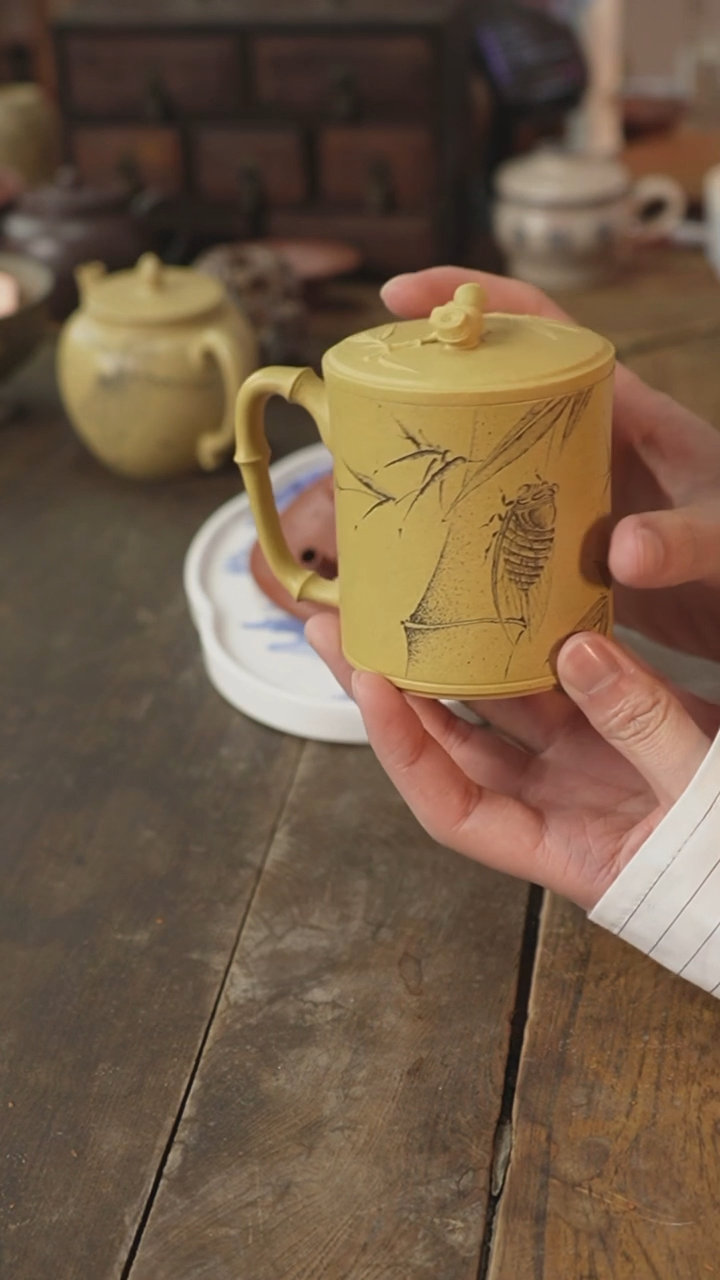【闪购商品】紫砂茶杯无忧刻绘竹节盖杯