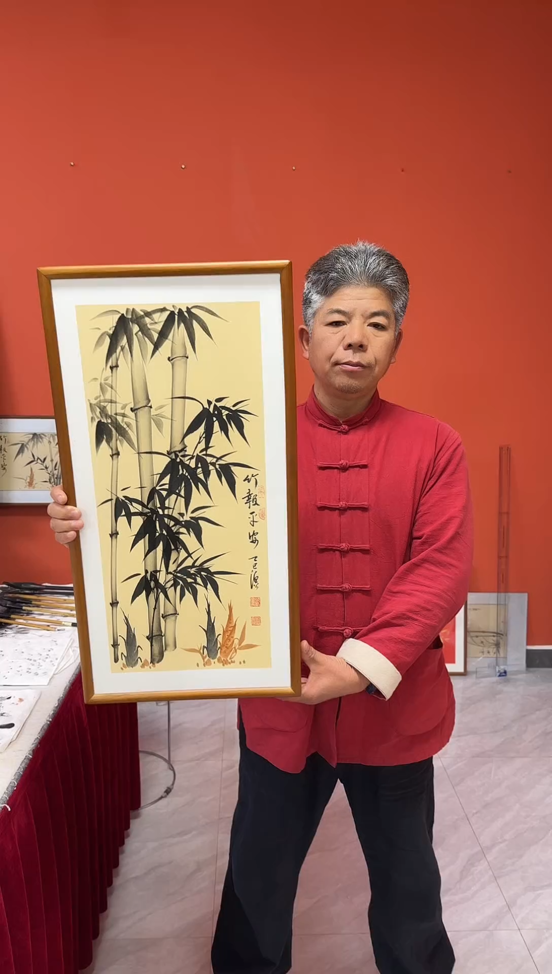 书法张富民手绘/竹报平安/古宣 （胡桃色橡外框）35*70cm左右