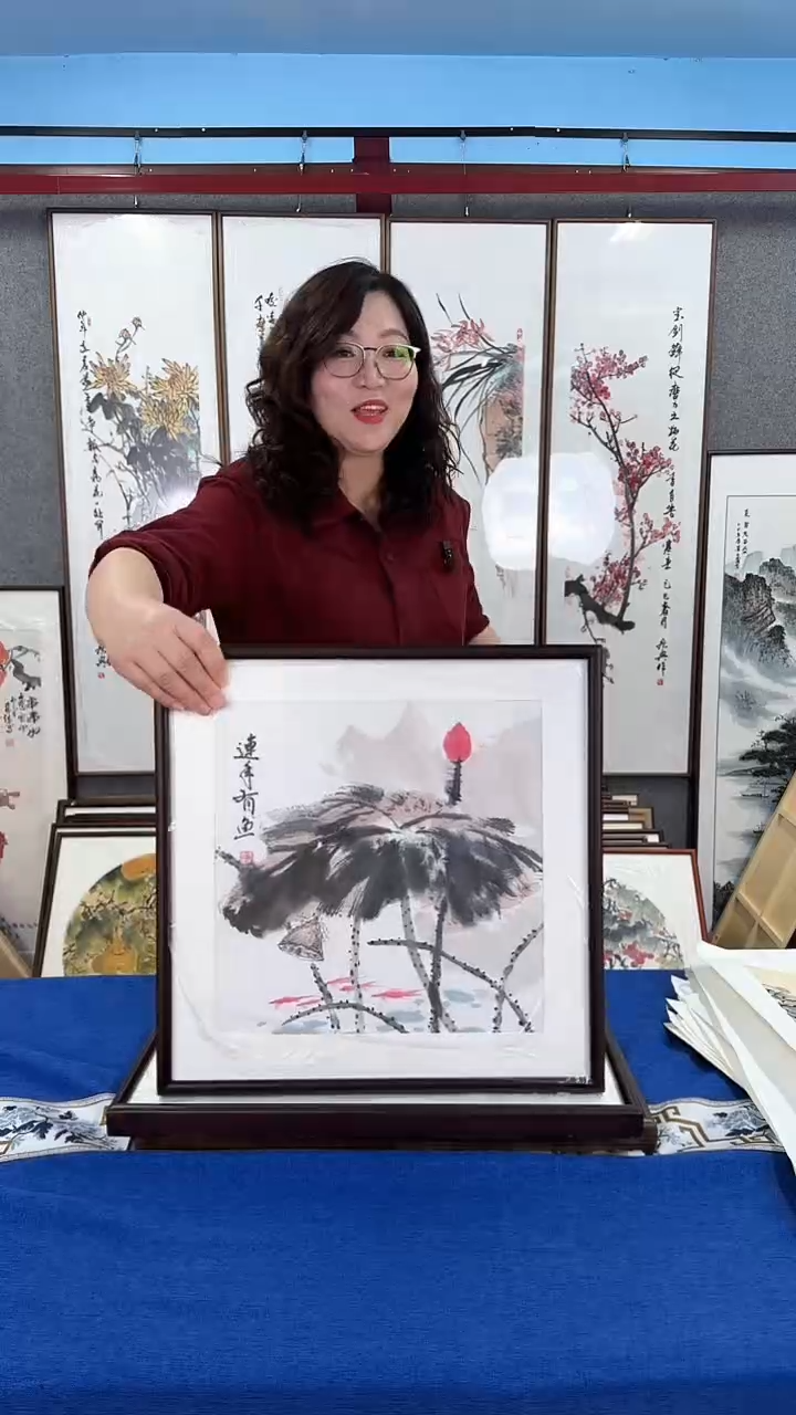 国画实木装裱 荷花 45*45