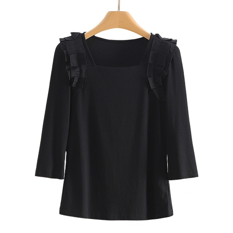 【特价-占单者限购】时尚方领木耳边七分袖T恤上衣#ZMN45S007