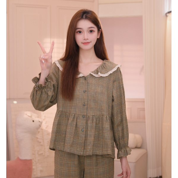 安之伴睡衣女墨绿色休闲复古格子翻领长袖家居服宽松82431122194