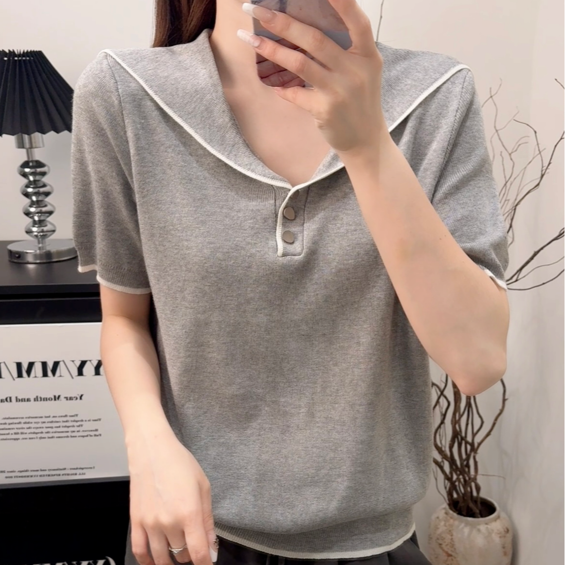 A8506号灰色-夏季高级感新款套头设计感洋气短袖针织衫上衣女