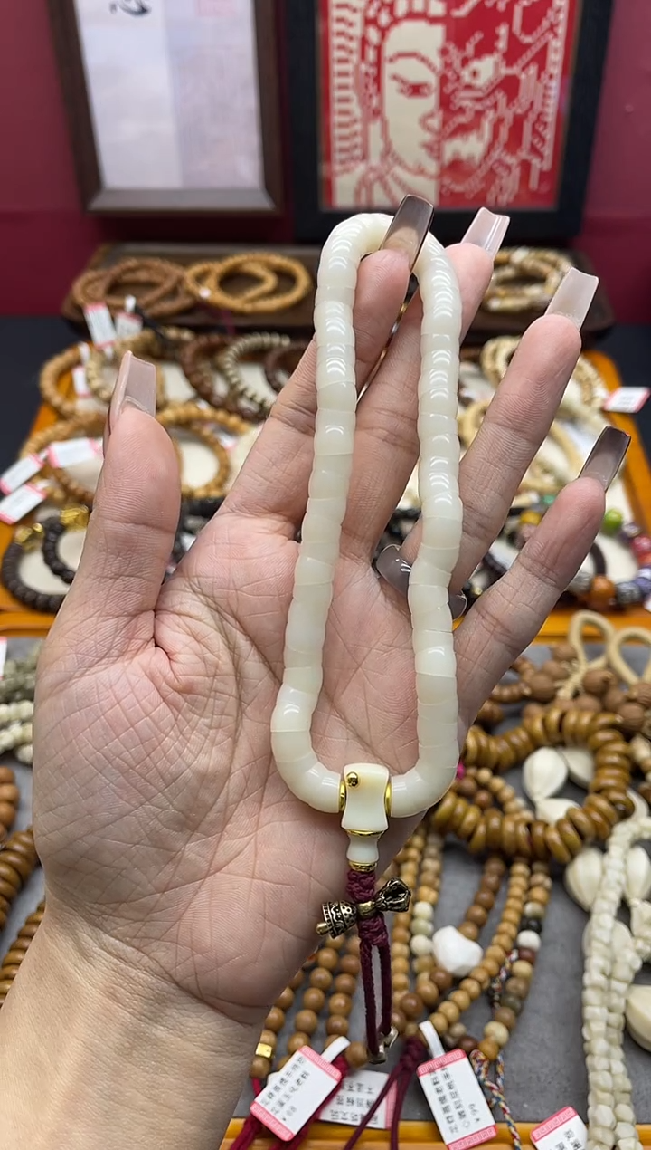 手串菩提根/象牙果特级果羊脂白菩提根8mm斜切大肠手持原创搭配款