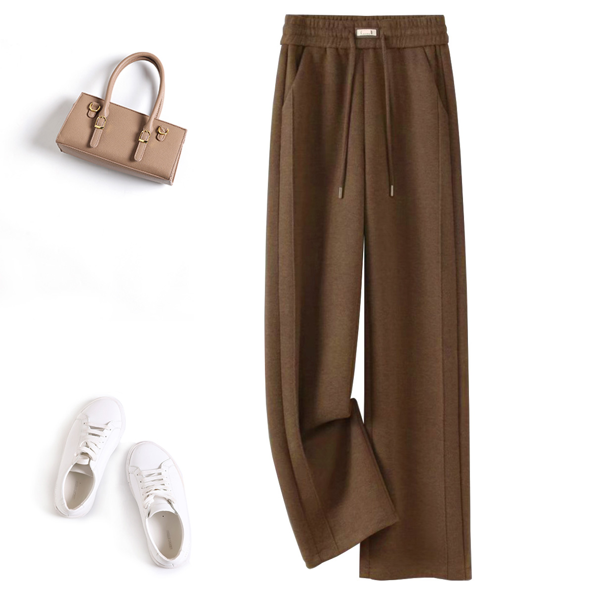 6669山羊绒窄版阔腿裤季新款松紧高腰显瘦休闲呢子窄版直筒裤子