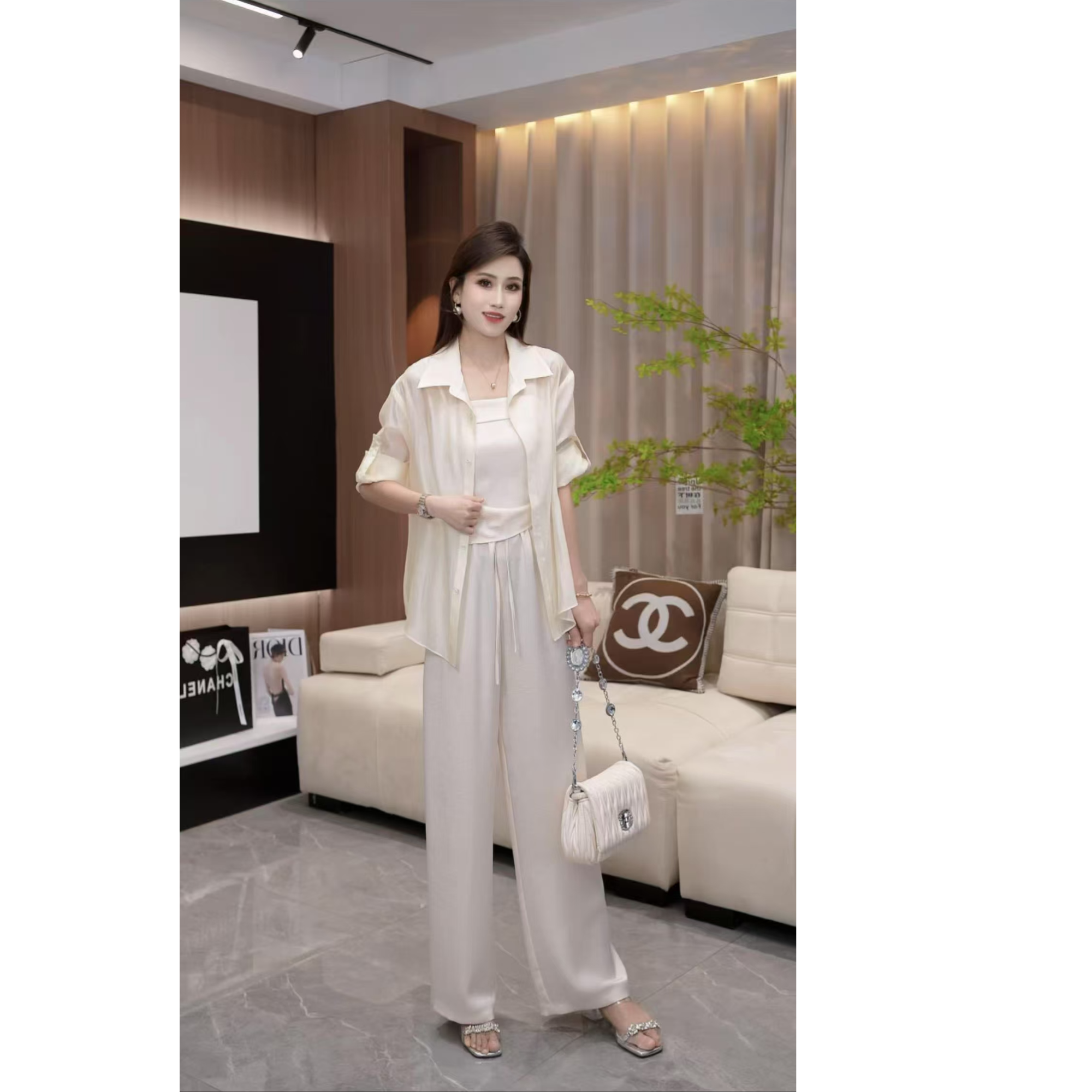 2025夏季新款纯色衬衫吊带阔腿裤套装女时尚三件套