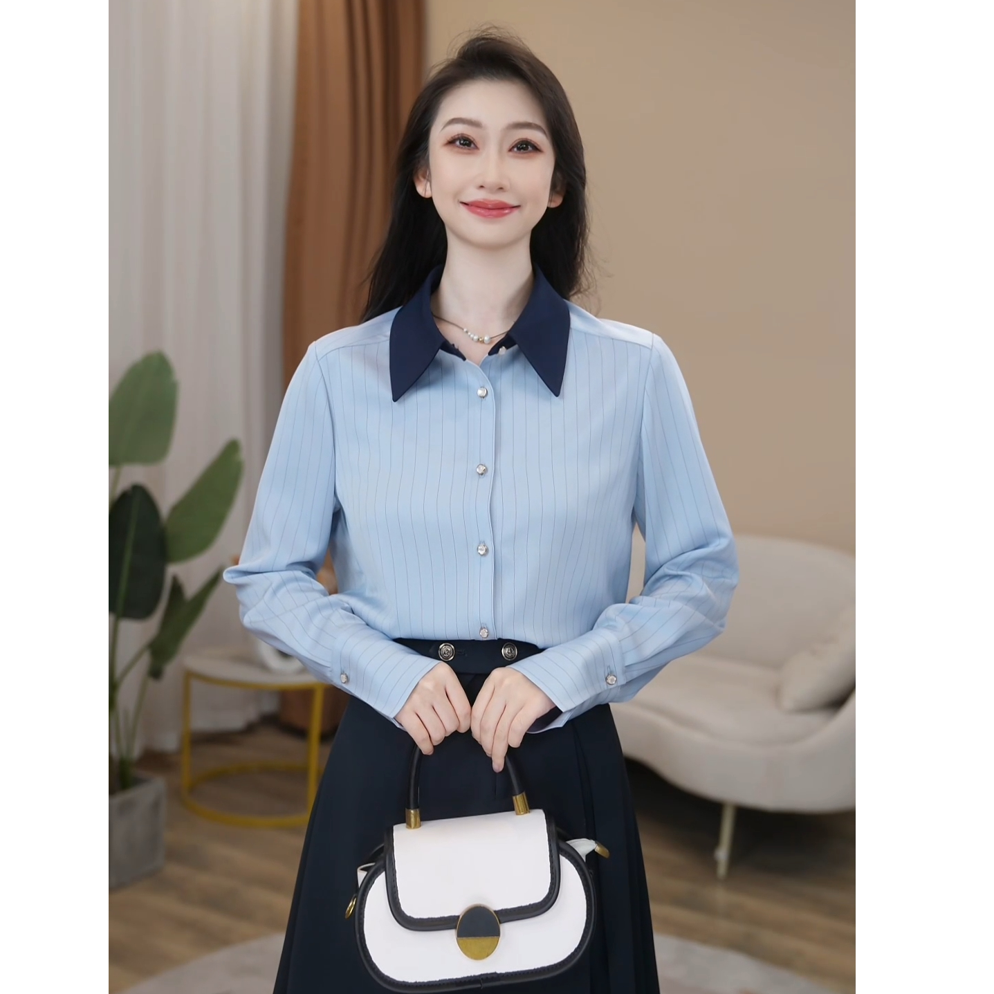 【曼贝】粉紫色长袖衬衫女高级感气质宽松显瘦职业8593355【甜甜】