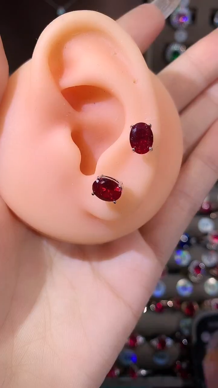 银S925镶嵌耳饰红宝石68酒红玫瑰金