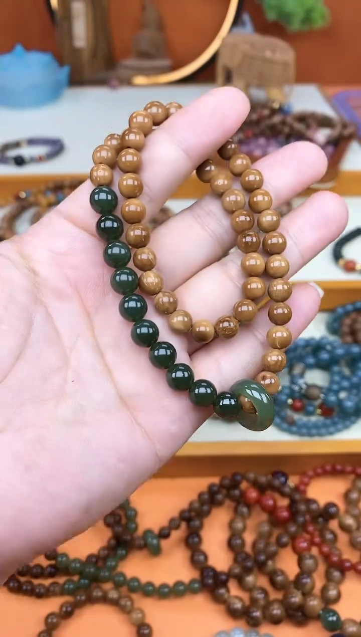 【闪购商品】库克手串未镶嵌库克菩提双圈和田菠菜绿手串