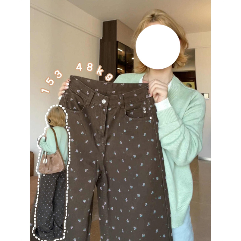 美式复古可可棕碎花牛仔裤女2025冬季新款高腰显瘦设计感阔腿裤子
