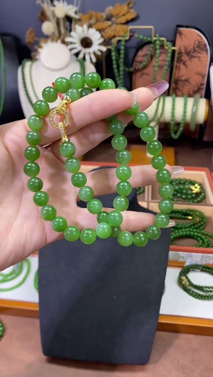 【闪购商品】和田玉（碧玉）颈饰未镶嵌10mm阳绿项链