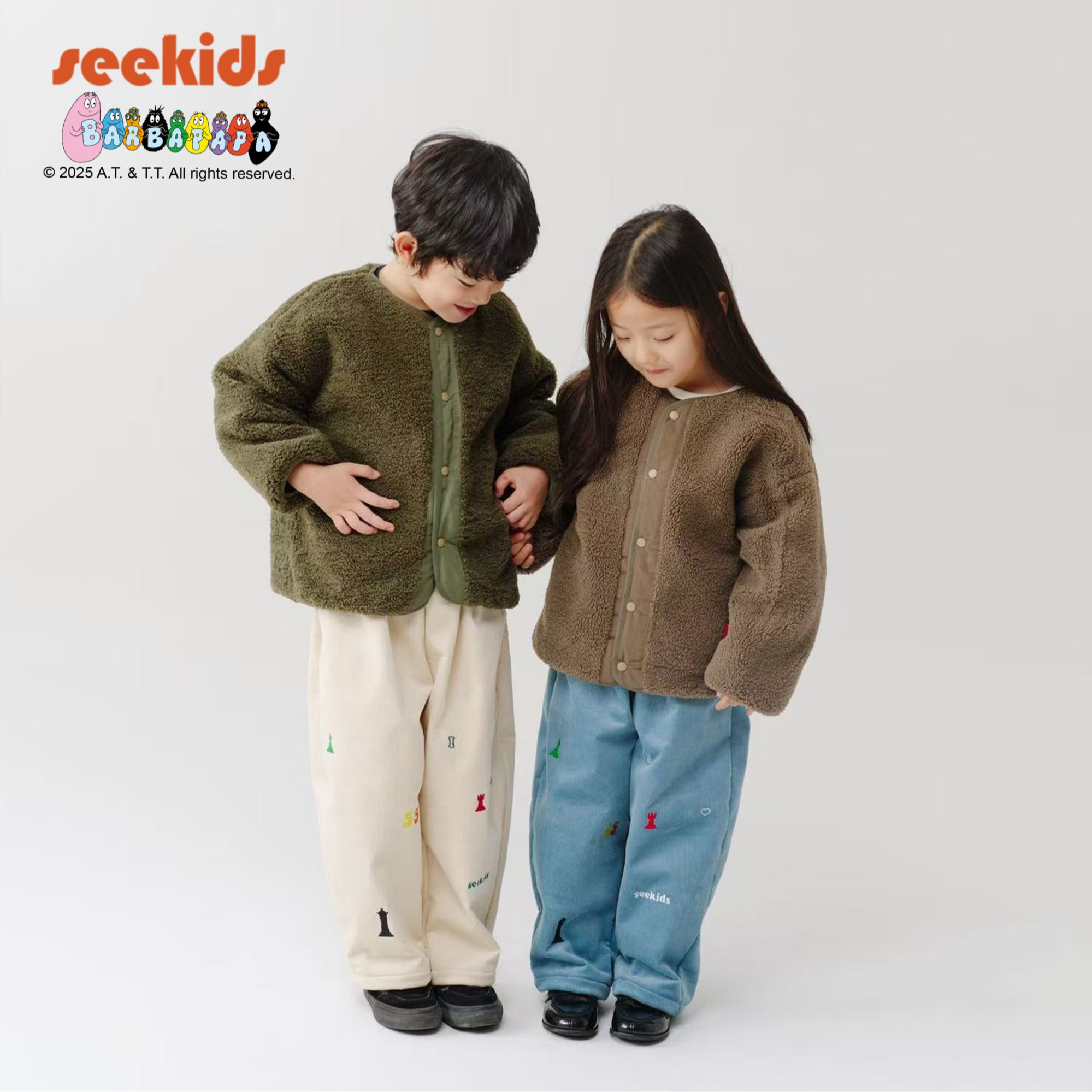 .SeeKids【巴巴爸爸ip联名】四色全棉加绒儿童灯芯绒裤子