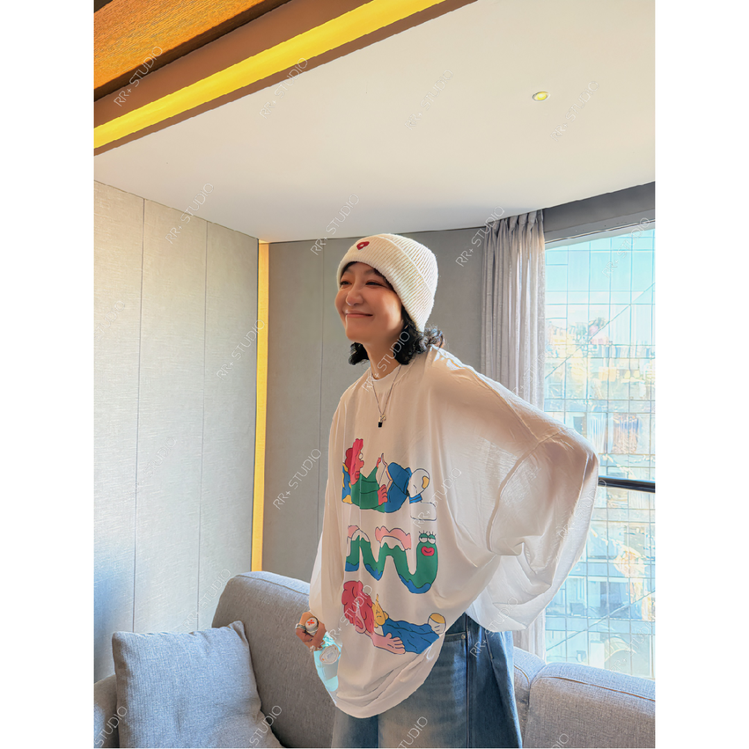 23553趣味搞怪ins卡通印花长袖T恤女休闲百搭圆领上衣