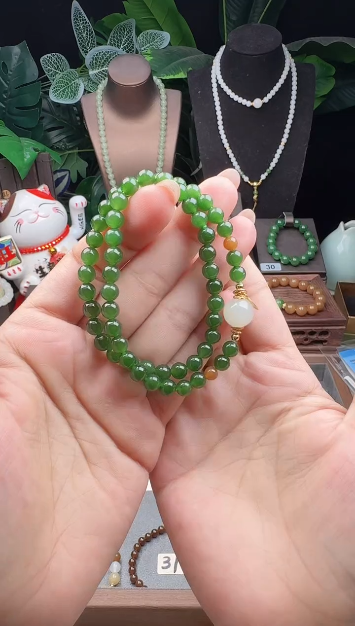 未镶嵌手串和田玉6m俄料菠菜绿碧玉双圈手串