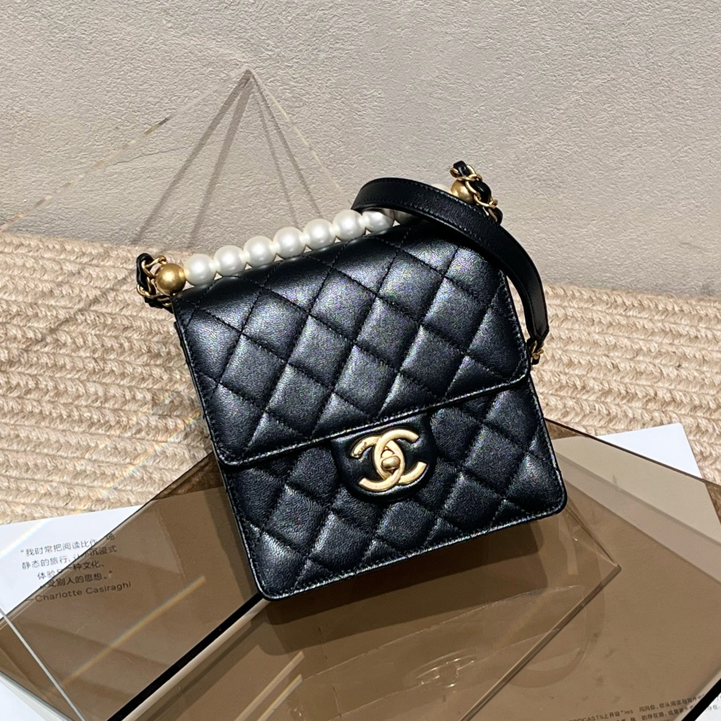 99新 Chanel/香奈儿 元旦盛典20C黑金羊皮珍珠小方包小香风单肩包