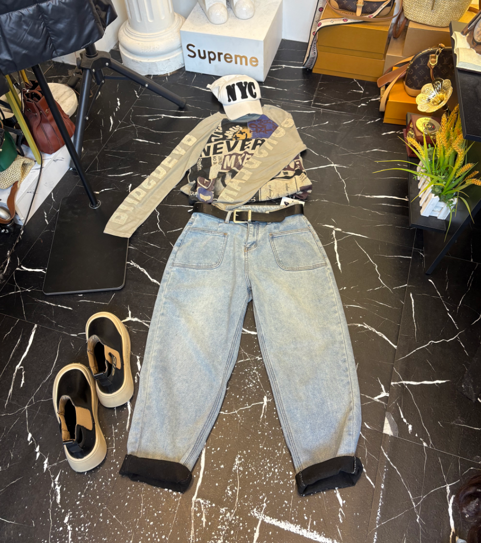 D25 11109  【送重工腰带】阔腿高腰女直筒宽松加厚保暖牛仔裤