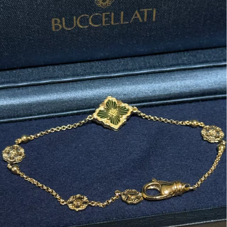 99新 Cartier/卡地亚 小花6枫布契拉提 绿色18k黄金珐琅手链 大号