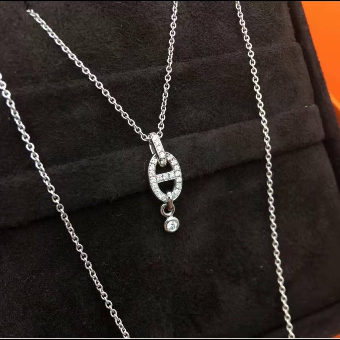 99新 Hermes/爱马仕 蔚蓝/白金满钻  猪鼻子  项链