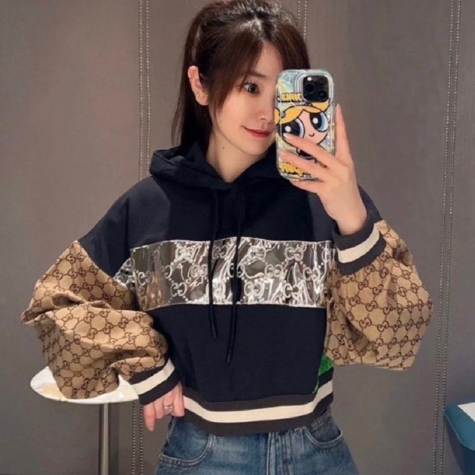 未使用 GUCCI/古驰 袖子满印拼接时尚连帽卫衣深蓝色