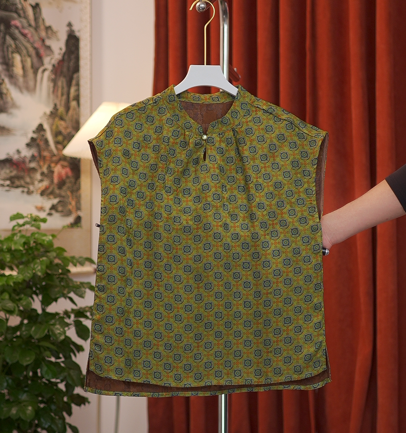 [绿珍珠]新中式高定立领正襟真丝香云纱短袖上衣小衫百搭宽松显瘦