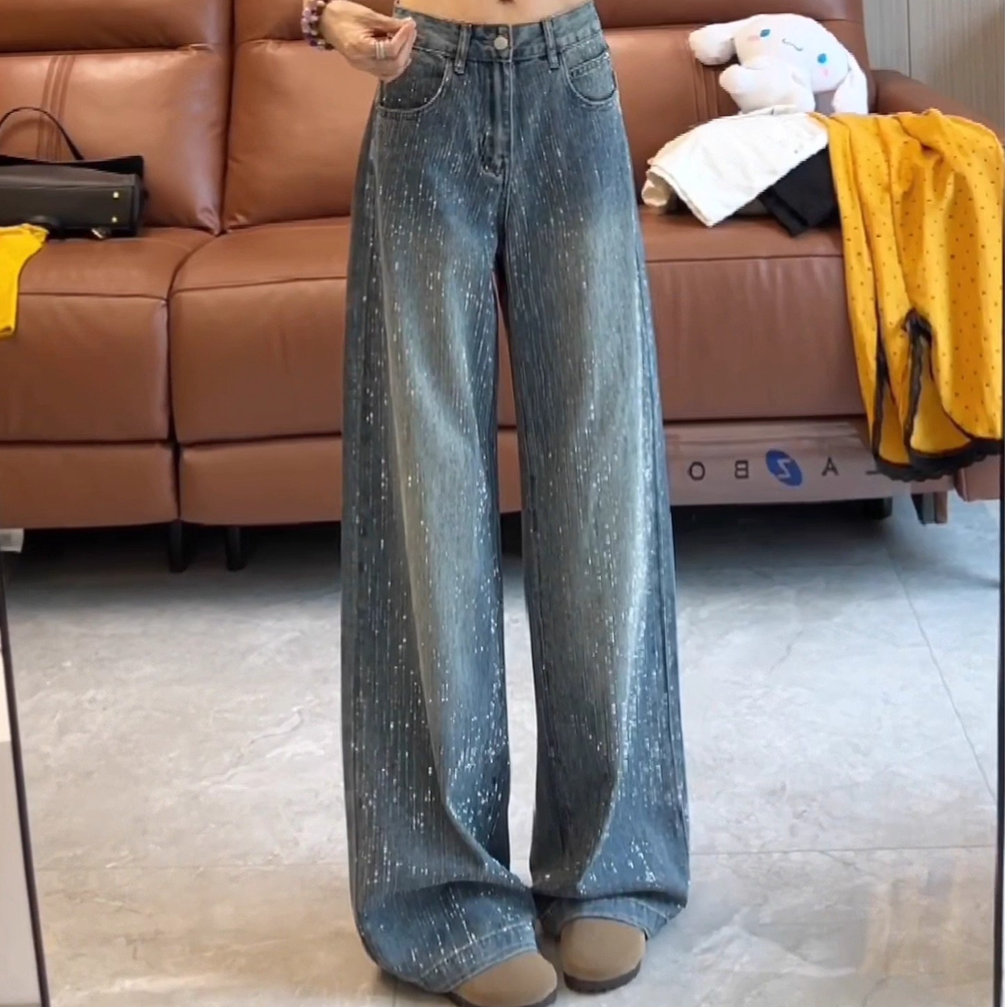 满天星烫钻阔腿牛仔裤女2025秋装新款欧货洋气显瘦高级感拖地长裤
