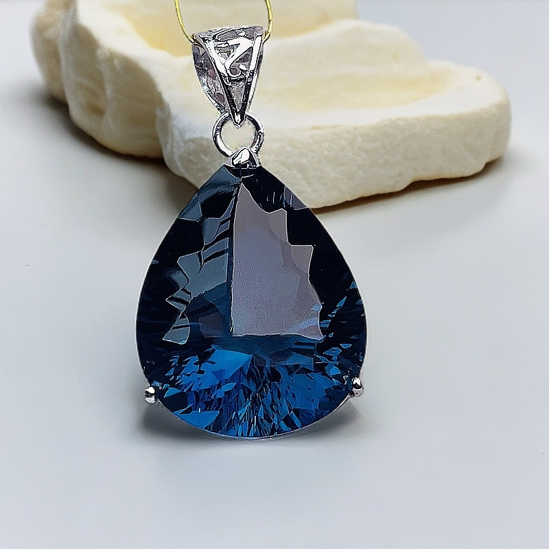 天然S925银镶伦敦蓝水滴托帕石吊坠17.5*23尺寸