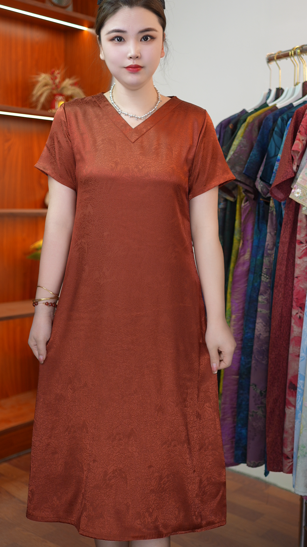 【云纹红纱】2025夏季新款时尚气质显瘦百搭中长款连衣裙