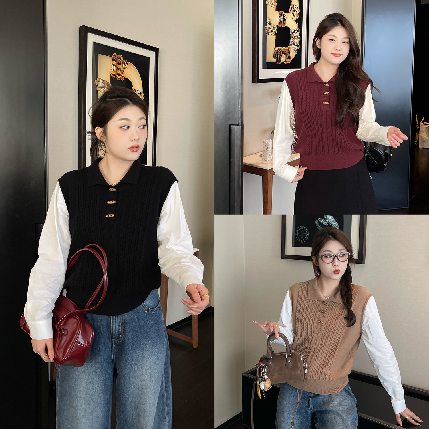 裂渡宣宣【降龄公式】微胖大码女秋时尚显瘦假两件针织衫ZY508A29