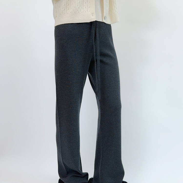 新澳2/48支精纺四平针针织松紧高腰窄版阔腿长裤女加厚Y03