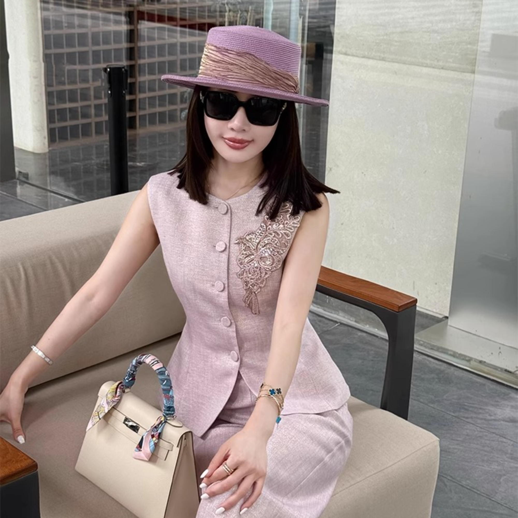 0778定制重工刺绣浪漫紫无袖马甲长裤套装