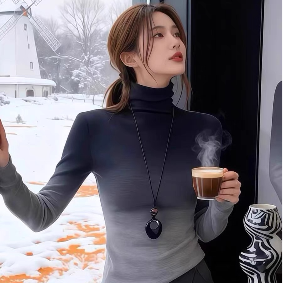 秋冬新款渐变色德绒修身显瘦堆堆领减龄保暖T恤打底衫女高级感