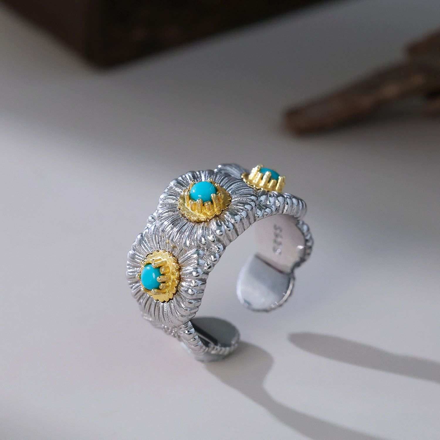 【思嘉】双拥系列 · 布家小雏菊绿松双色戒指 | 多样性发一 AJ0531