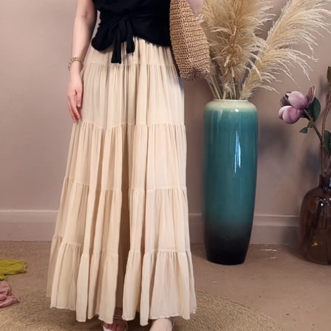 风华珏（五层拼接奶茶色）早秋百搭A字褶皱中长款松紧腰垂感半身裙 