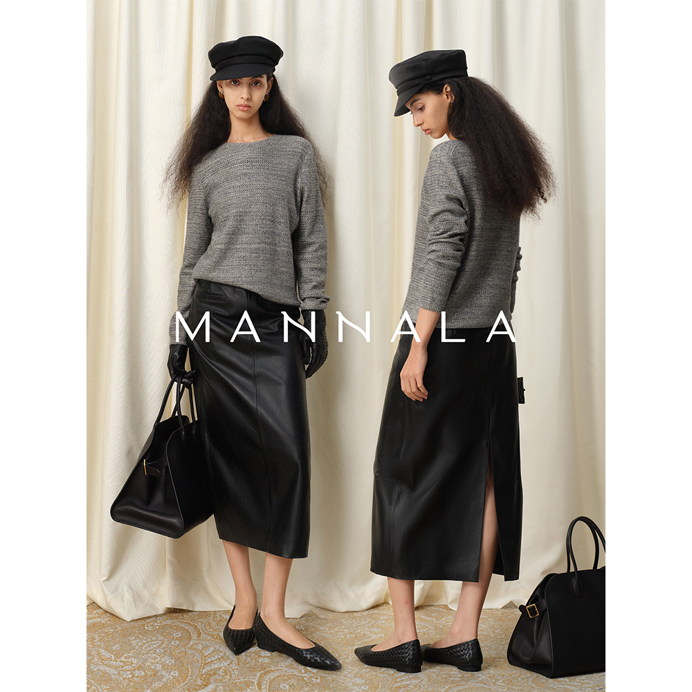 MANNALA丨“黑胶片”时髦精高腰百搭植鞣羊皮直筒半身裙 Q9149