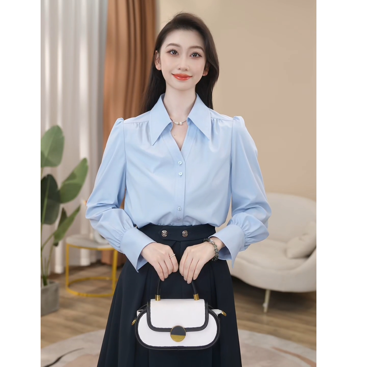 【曼贝】秋季新款复合领显瘦高级感蓝色女装衬衫气8593168A【甜甜】