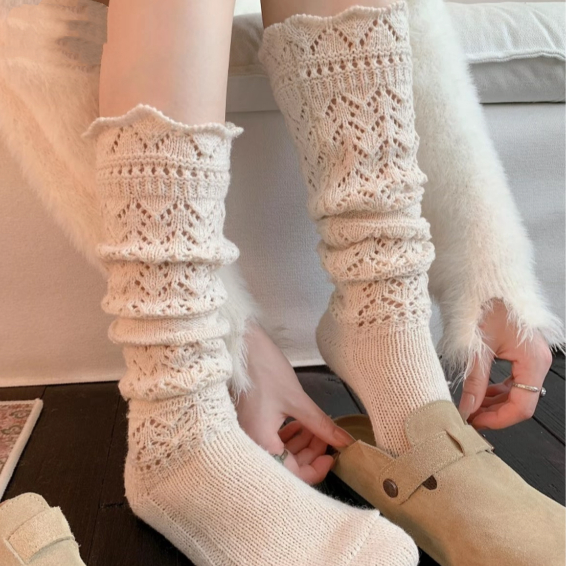 【高品质】穿搭感镂空针织花型网眼堆堆袜女甜美针织镂空小腿堆堆袜