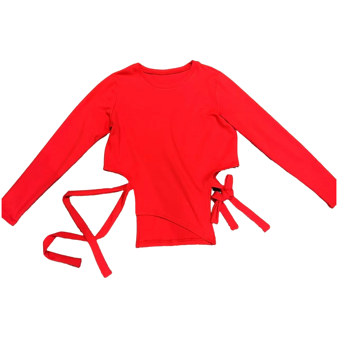 不等式圆领侧两根流苏长袖上衣