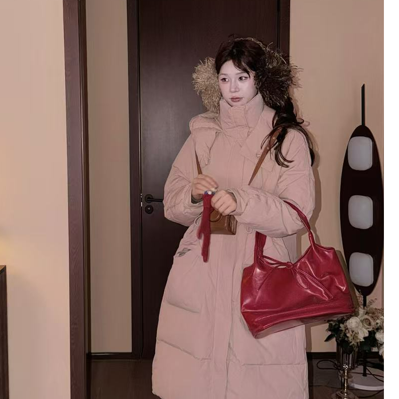 两穿 带防风扣 腰间抽绳设计 粉色羽绒服XMZH10512