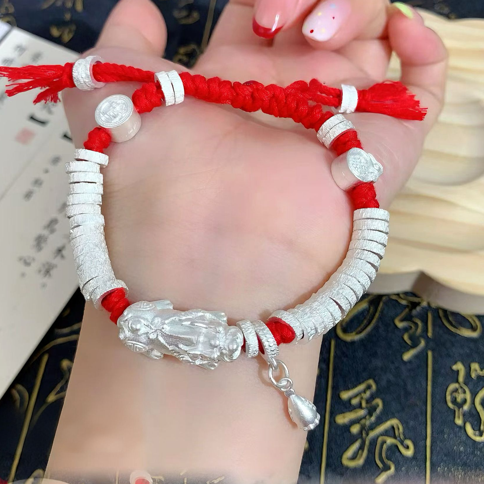 足银手链 【假一罚四】足银999貔貅红绳转运手链编织15+3调节绳120