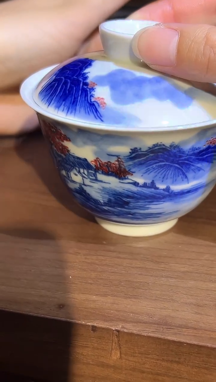 【闪购商品】盖碗青花釉里红山水盖碗