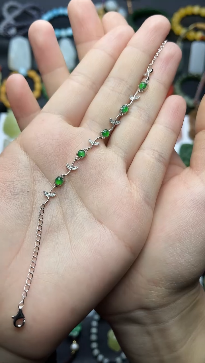 银S925镶嵌手链翡翠繁花手链06