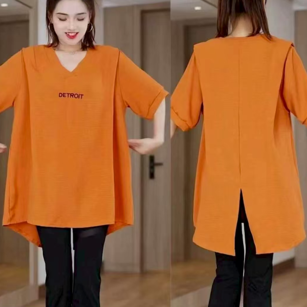 夏季新款时尚洋气百搭半袖宽松显瘦V领后背开叉断续T恤中长款爆款