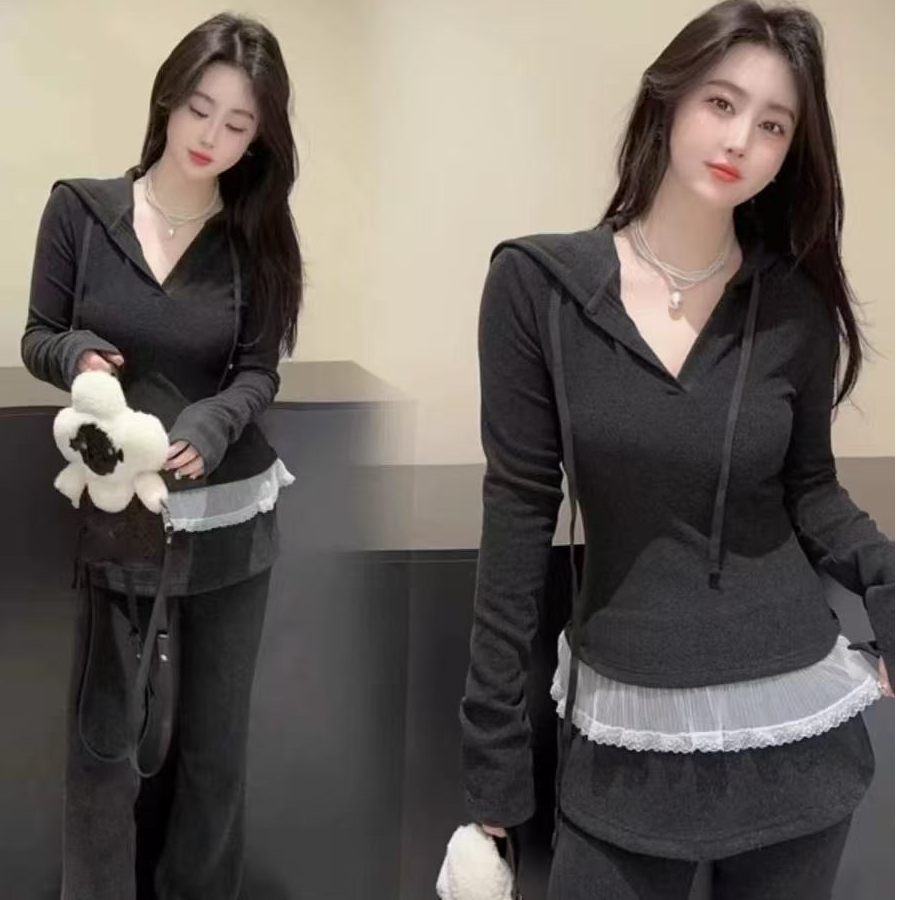 【木会大码】欧货新款拼接蕾丝边连帽长袖气质修身显瘦喇叭裤两件套