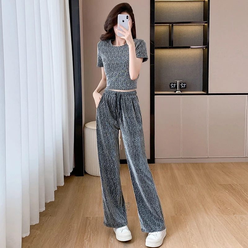 欧货轻奢风时尚套装女夏季新款修身是洋气减龄短袖阔腿裤问道联名