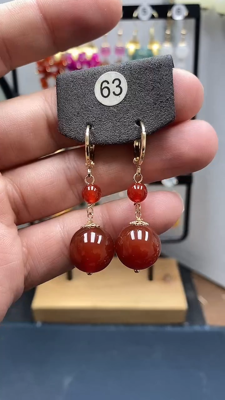 银S925镀金镶嵌南红玛瑙耳饰尺寸14mm连珠耳扣