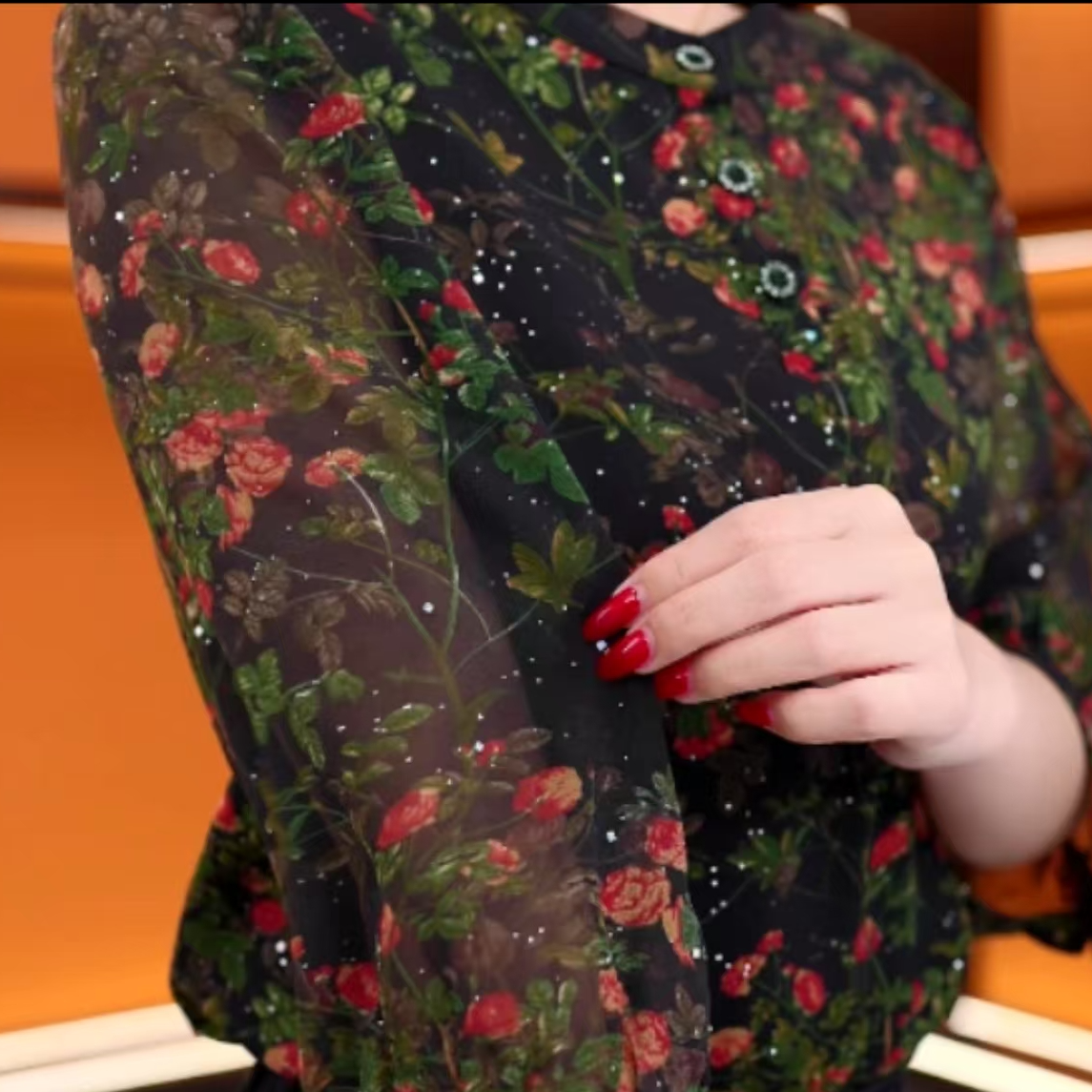 2138女士圆领碎花休闲七分袖上衣