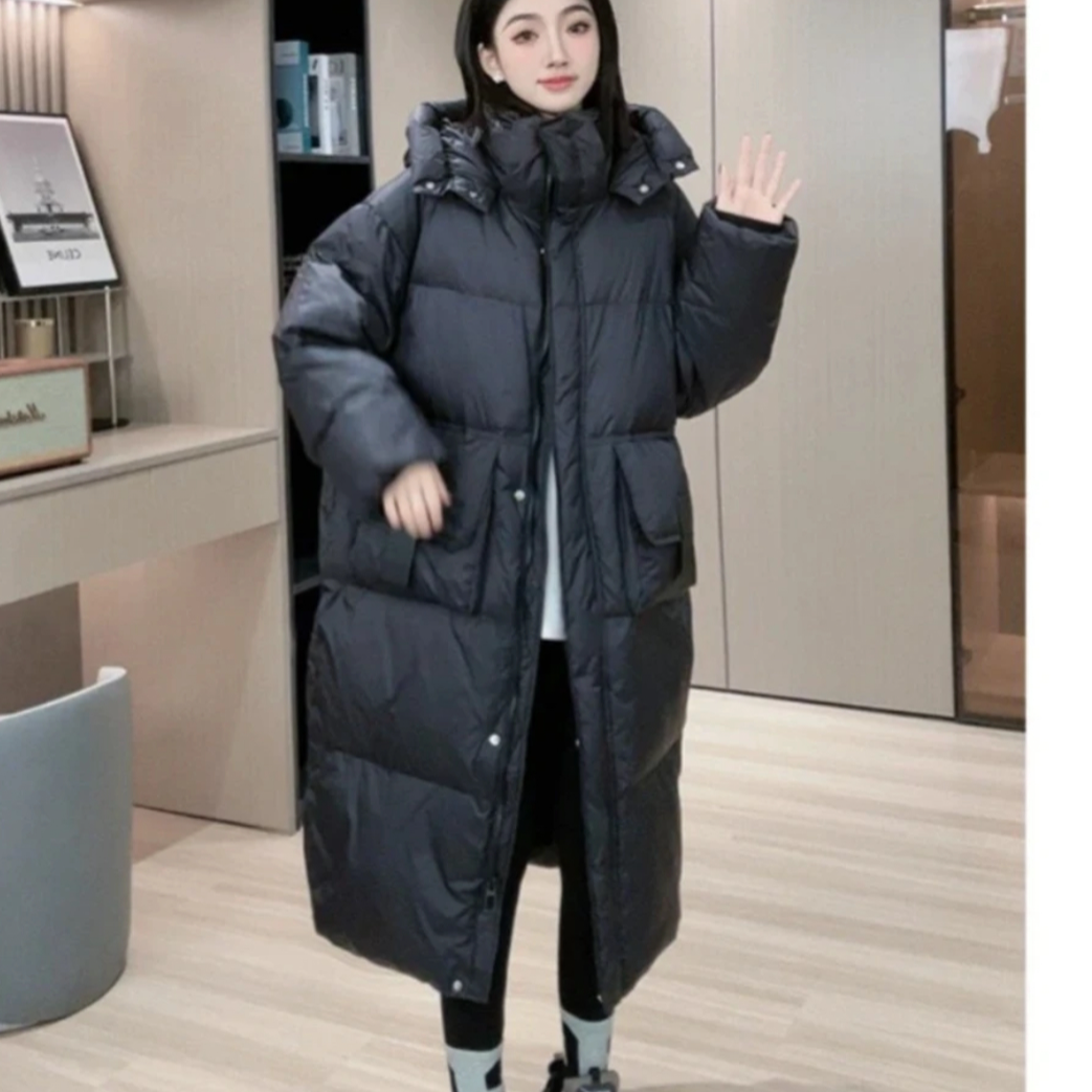 (C03)新款长款过膝宽松连帽加厚保暖外套女冬