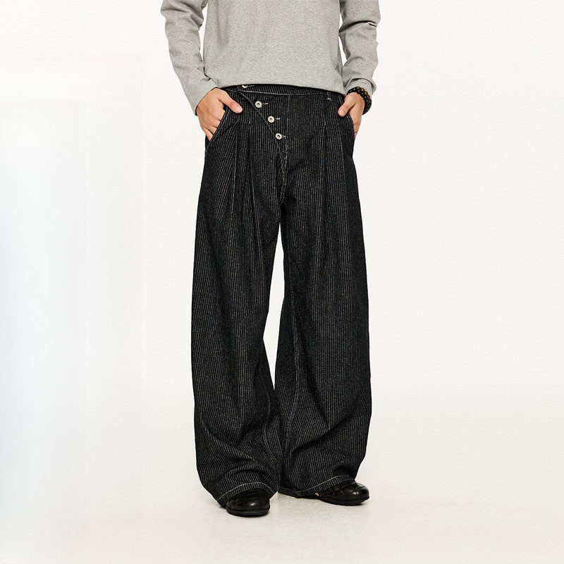 KREATE「斜门襟排扣」12oz条纹原牛打褶微A字阔腿牛仔休闲长裤宽松