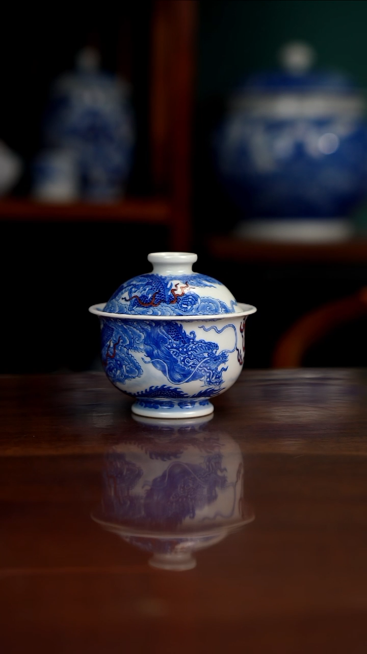 自成堂柴窑 青花釉里红 双龙